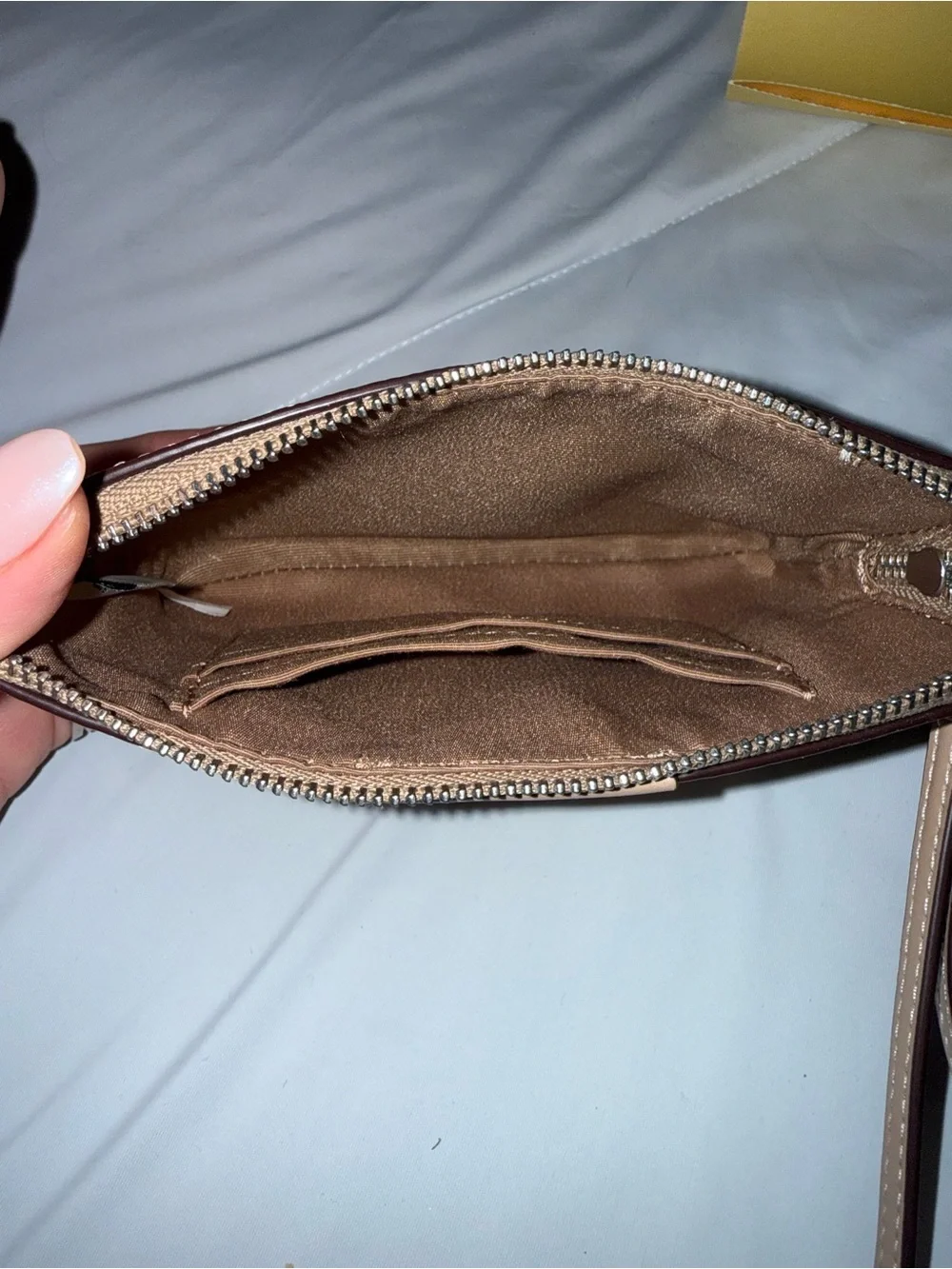 Coach Beige Signature Canvas Wristlet with Tan Leather Center Stripe